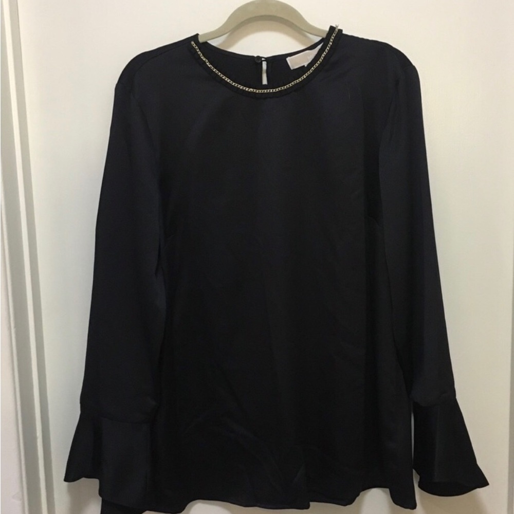 NWT Michael  Kors NEW Women Formal Black Chiffon Blouse Long Sleeve Gold Chain